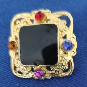 Vintage Two Sisters Black Enamel Center with Faux Gold & Rhinestones Earrings